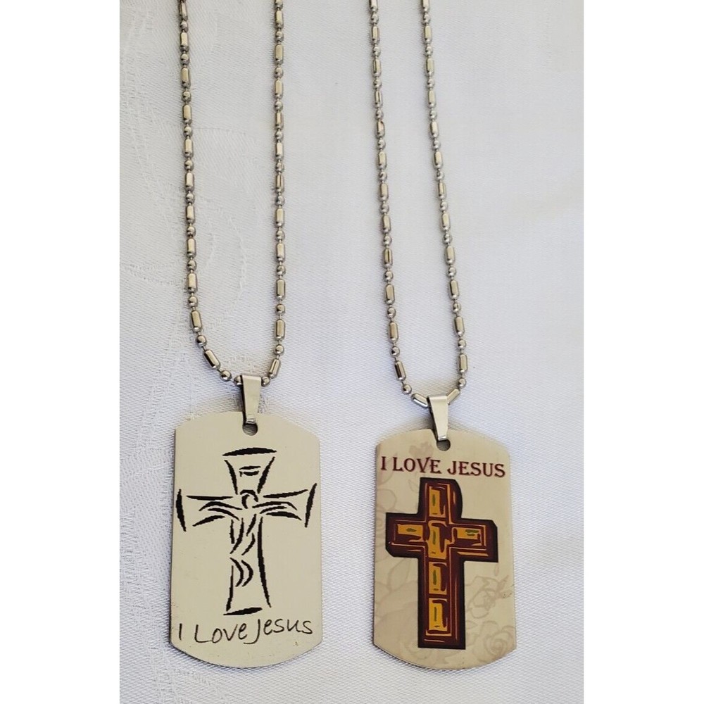 2 I Love Jesus Military ID Dog Tag Necklace Silver Tone Adjustable Ball Chain